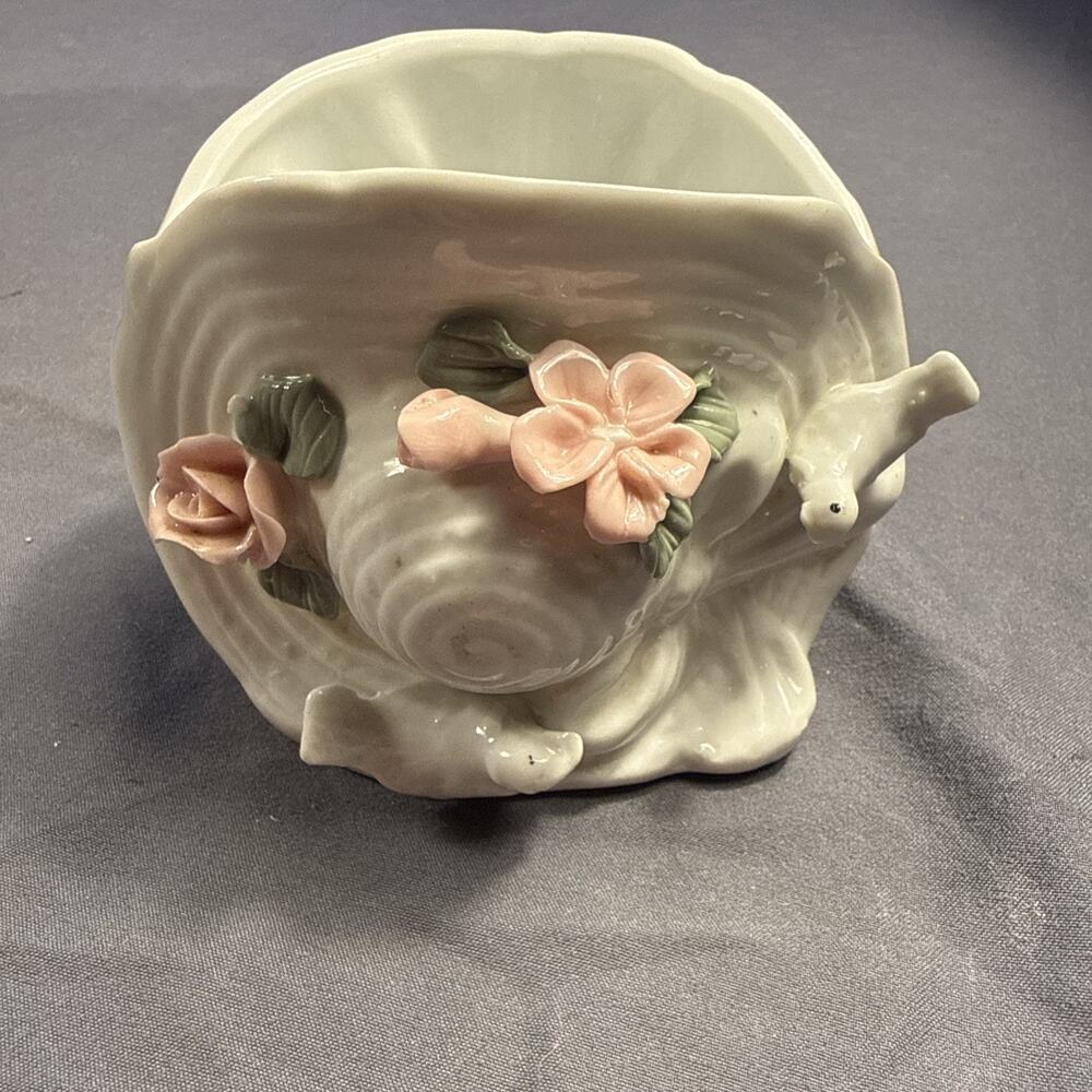 Vintage Porcelain Floral Teacup Wall Pocket Planter w/ Dove & Pink Flowers